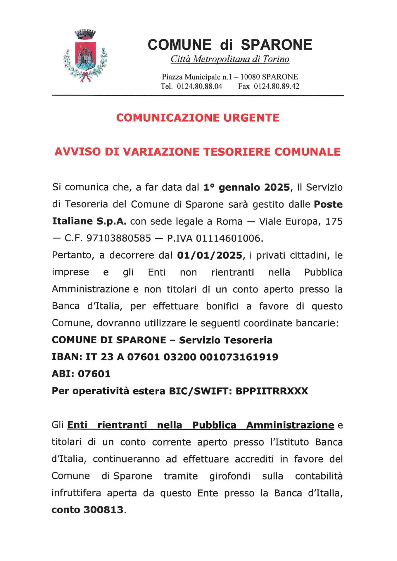 Comunicazione urgente